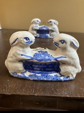 Vintage Shard of Maine Pottery Blue White Hand Painted Pair of Rabbit Figurines
